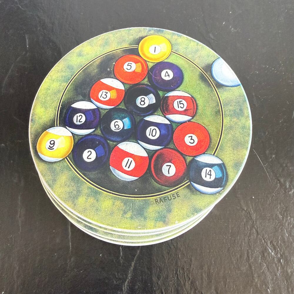 Rafuse Billiard‎ Pool Ball Set of 4 Ultra Clean Round Stone Coasters, Cork Backs